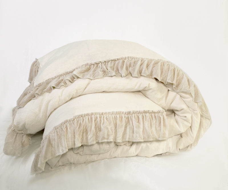 1 unit- Silk Velvet Tatter Ruffle Full Queen Duvet - Champagne