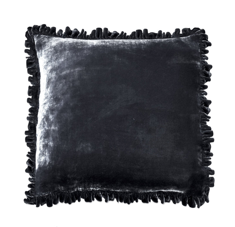 Silk Velvet Ruffle Linen Euro Sham - Coal - Linen Salvage Et Cie